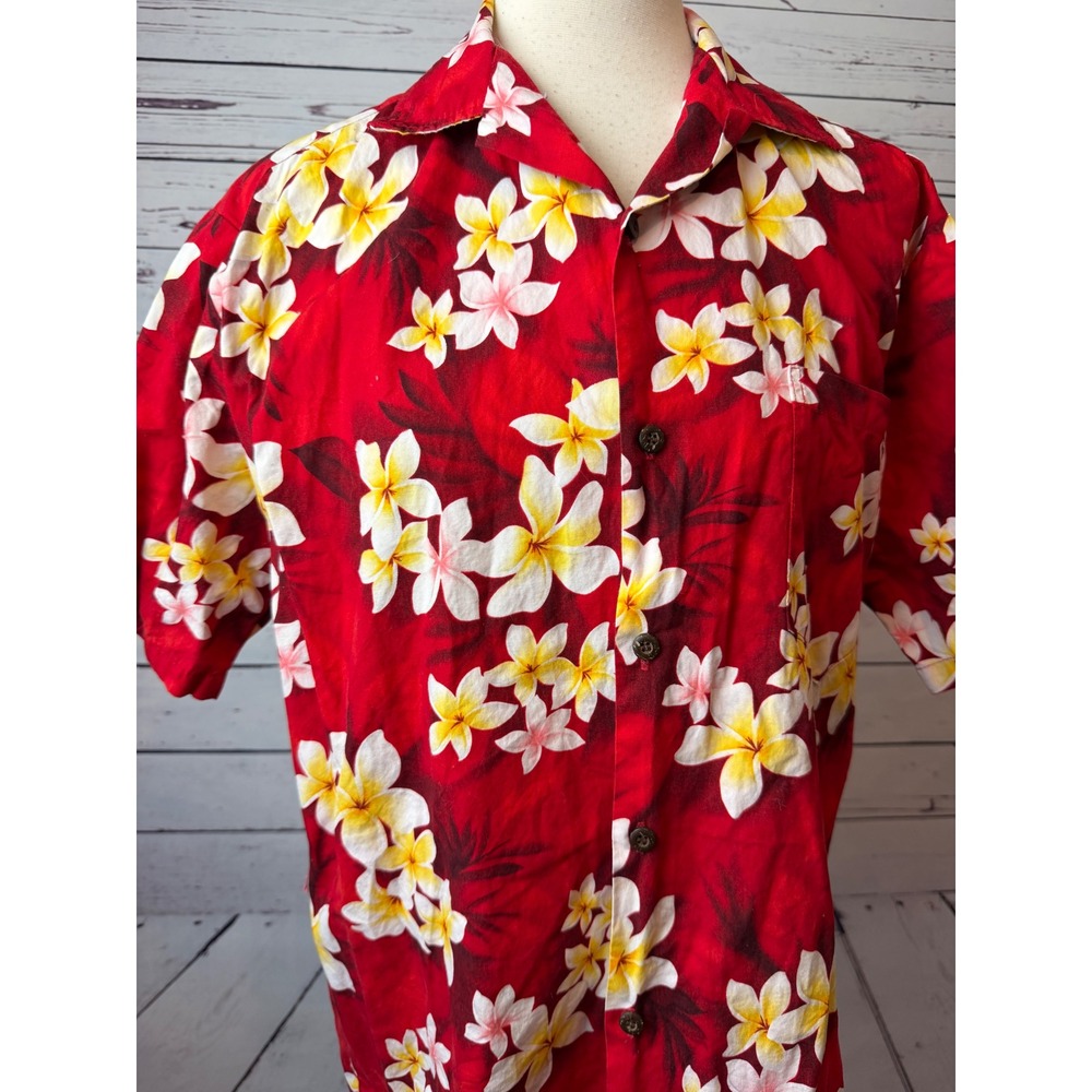 Blue Hawaii Shirt Red Plumeria Floral USA Mens Medium HoLe Vintage Tropical Vtg